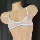 Super Sexy Extreme Racer Bra Top in Ultra Sheer Glissenette. Sized & stretchy for a perfect fit. Match this top with a glissenette bottom!