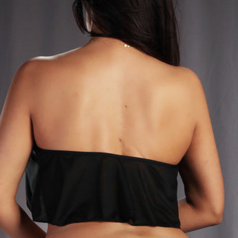 Reversible Tie-Front Ruffle Top in Semi-Sheer Jersey Fabric.  Wear it with the opening in front or wear it to show off your gorgeous back!