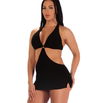 Halter Neck Micro Mini Dress with Deep Open Sides in Soft Stretch Slinky Knit fabric for a comfy fit.