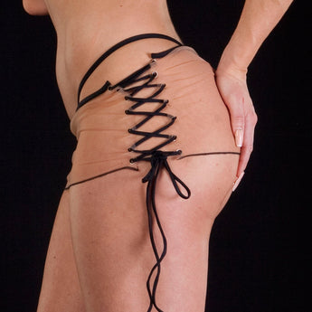 Ultra Sheer Lace-Up Mini Skirt W/Black Trim.  Fabric virtually disappears when against your skin.  Lacing makes for a perfect fit.