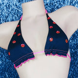 Brazilian Cheek Short/Top Set. Features contrasting rhinestones, belt loops, tie strings & stitching and Faux placket and tiny pockets.