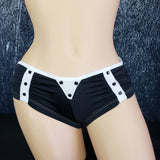 Brazilian Cheek Shorts. Super Short with Ruched Back. Matching Faux Rhinestone Details with Hanging Metal Jewel Disk in Back.