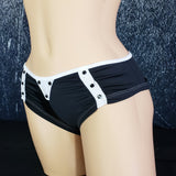 Brazilian Cheek Shorts. Super Short with Ruched Back. Matching Faux Rhinestone Details with Hanging Metal Jewel Disk in Back.