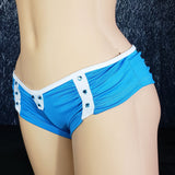 Brazilian Cheek Shorts. Super Short with Ruched Back. Matching Faux Rhinestone Details with Hanging Metal Jewel Disk in Back.
