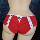 Brazilian Cheek Shorts. Super Short with Ruched Back. Matching Faux Rhinestone Details with Hanging Metal Jewel Disk in Back.