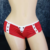 Brazilian Cheek Shorts. Super Short with Ruched Back. Matching Faux Rhinestone Details with Hanging Metal Jewel Disk in Back.