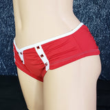 Brazilian Cheek Shorts. Super Short with Ruched Back. Matching Faux Rhinestone Details with Hanging Metal Jewel Disk in Back.