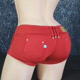 Brazilian Cheek Shorts. Studded Belt loops, Rhinestoned small pockets, decorative metal stud buttons, and Stretchy for a perfect sexy fit.