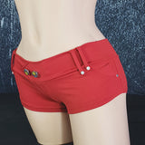 Brazilian Cheek Shorts. Studded Belt loops, Rhinestoned small pockets, decorative metal stud buttons, and Stretchy for a perfect sexy fit.