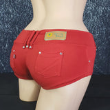Brazilian Cheek Shorts. Studded Belt loops, Rhinestoned small pockets, decorative metal stud buttons, and Stretchy for a perfect sexy fit.