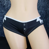 Brazilian Cheek Shorts. Creative Short Shorts with Sunburst Detail on Sides. Faux Front Placket with Rhinestone Accents.