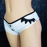 Brazilian Cheek Shorts. Creative Short Shorts with Sunburst Detail on Sides. Faux Front Placket with Rhinestone Accents.
