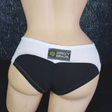 Brazilian Cheek Shorts. Ruched Short Shorts in Contrasting Panels with Decorative Studs.