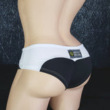 Brazilian Cheek Shorts. Ruched Short Shorts in Contrasting Panels with Decorative Studs.