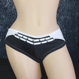 Brazilian Cheek Shorts. Ruched Short Shorts in Contrasting Panels with Decorative Studs.