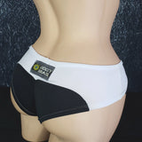 Brazilian Cheek Shorts. Ruched Short Shorts in Contrasting Panels with Decorative Studs.