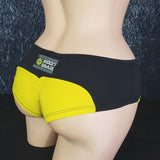 Brazilian Cheek Shorts. Ruched Short Shorts in Contrasting Panels with Decorative Studs.