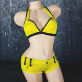 Brazilian Short and Halter Top Set, Yellow with Black Contrast Detailing. Both are Studded and with Intricate Details.