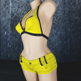 Brazilian Short and Halter Top Set, Yellow with Black Contrast Detailing. Both are Studded and with Intricate Details.