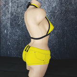 Brazilian Short and Halter Top Set, Yellow with Black Contrast Detailing. Both are Studded and with Intricate Details.