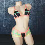 Brazilian Cage Thong and Adjustable Bralette Set. Matching top and bottom with Multi-Colored Strappy Cage Details.