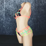 Brazilian Cage Thong and Adjustable Bralette Set. Matching top and bottom with Multi-Colored Strappy Cage Details.