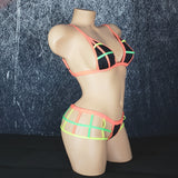 Brazilian Cage Thong and Adjustable Bralette Set. Matching top and bottom with Multi-Colored Strappy Cage Details.