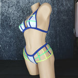 Brazilian Cage Thong and Adjustable Bralette Set. Matching top and bottom with Multi-Colored Strappy Cage Details.