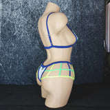 Brazilian Cage Thong and Adjustable Bralette Set. Matching top and bottom with Multi-Colored Strappy Cage Details.