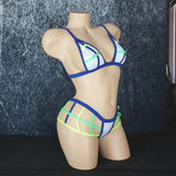 Brazilian Cage Thong and Adjustable Bralette Set. Matching top and bottom with Multi-Colored Strappy Cage Details.