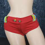 Brazilian Cheek Shorts. Multi-Colored Belt Loops and Strappy Faux Back Pockets with Studding and Button Studs on Front Waist Band.