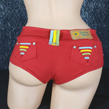 Brazilian Cheek Shorts. Multi-Colored Belt Loops and Strappy Faux Back Pockets with Studding and Button Studs on Front Waist Band.