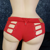 Brazilian Cheek Shorts with Sexy Strappy Back to Show Off Your Cheeks! Studded Belt Loops, Faux Pockets, and Straps with Metal Button Stud on Waistband.