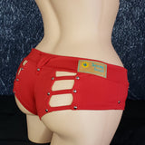 Brazilian Cheek Shorts with Sexy Strappy Back to Show Off Your Cheeks! Studded Belt Loops, Faux Pockets, and Straps with Metal Button Stud on Waistband.