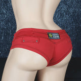 Brazilian Cheek Shorts. Super, Super Short. Faux Waistband Closure with Metal Button Studs, and Four Studded Faux Pocket Plackets.