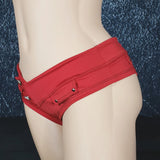 Brazilian Cheek Shorts. Super, Super Short. Faux Waistband Closure with Metal Button Studs, and Four Studded Faux Pocket Plackets.