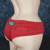 Brazilian Cheek Shorts. Super, Super Short. Faux Waistband Closure with Metal Button Studs, and Four Studded Faux Pocket Plackets.