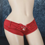 Brazilian Cheek Shorts. Super Short Shorts with Front Lace-Up Feature, Studded Belt Loops, and Faux Pocket Plackets Decorated with Button Studs