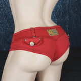 Brazilian Cheek Shorts. Super Short Shorts with Front Lace-Up Feature, Studded Belt Loops, and Faux Pocket Plackets Decorated with Button Studs