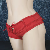 Brazilian Cheek Shorts. Super Short Shorts with Front Lace-Up Feature, Studded Belt Loops, and Faux Pocket Plackets Decorated with Button Studs