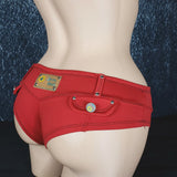 Brazilian Cheek Shorts. Super Short Shorts with Front Lace-Up Feature, Studded Belt Loops, and Faux Pocket Plackets Decorated with Button Studs