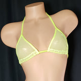 Regular Triangle Bikini Top. In Stretch Fishnet. Triangle panels slide and ties at Neck and Back for a Perfect Fit.