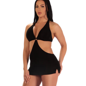 Halter Neck Micro Mini Dress with Deep Open Sides in Soft Stretch Slinky Knit fabric for a comfy fit.