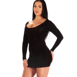 Dazzler Dress in Red Slinky Knit fabric. Long-Sleeved Mini Dress. Perfect for that hot date or cocktail party.  A great LBD!