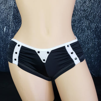 Brazilian Cheek Shorts. Super Short with Ruched Back. Matching Faux Rhinestone Details with Hanging Metal Jewel Disk in Back.