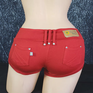 Brazilian Cheek Shorts.   Studded Belt loops, Rhinestoned small pockets, decorative metal stud buttons, and Stretchy for a perfect sexy fit.