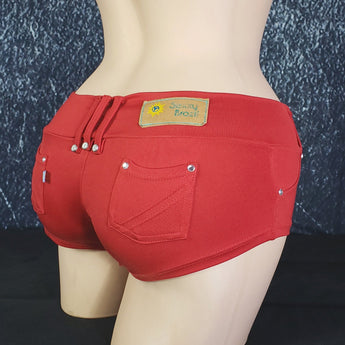 Brazilian Cheek Shorts.   Studded Belt loops, Rhinestoned small pockets, decorative metal stud buttons, and Stretchy for a perfect sexy fit.