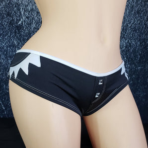 Brazilian Cheek Shorts. Creative Short Shorts with Sunburst Detail on Sides. Faux Front Placket with Rhinestone Accents.