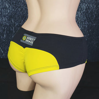 Brazilian Cheek Shorts. Ruched Short Shorts in Contrasting Panels with Decorative Studs.