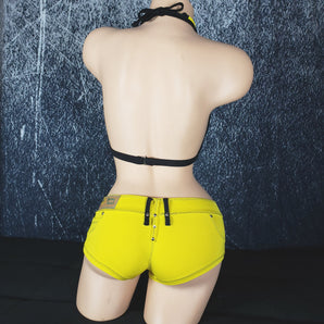 Brazilian Short and Halter Top Set, Yellow with Black Contrast Detailing.  Both are Studded and with Intricate Details.